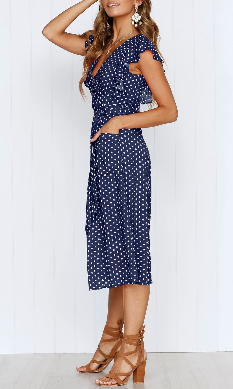 MITILLY Women's Boho Polka Dot Flutter Short Sleeve V Neck Button Down Swing Midi Dress with Pockets Medium Dark Blue - Image 5